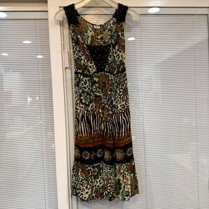 Forbidden Boho Mixed Floral Leopard Print Beaded Crochet Lace Midi Dress Wmns Sm
